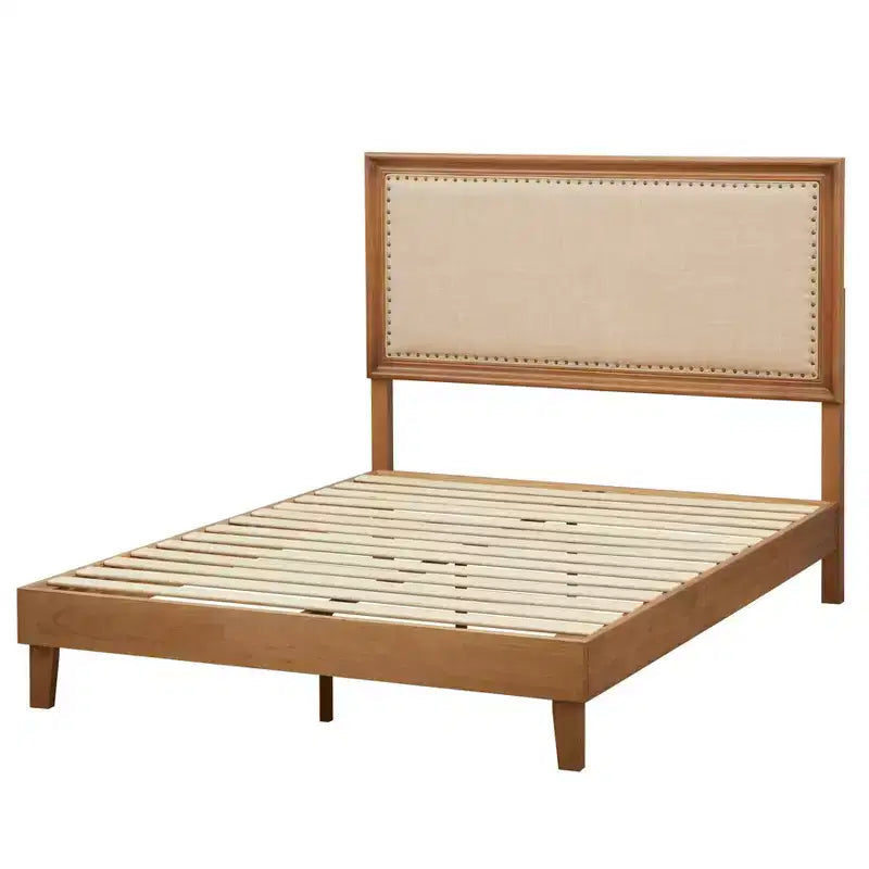 Letto imbottito con struttura in legno rustico, matrimoniale, grigio/beige, 1 persona